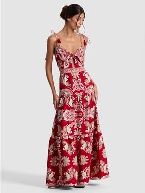 Alice + Olivia Red and Cream Printed Tie-Front Maxi Dress NWT
